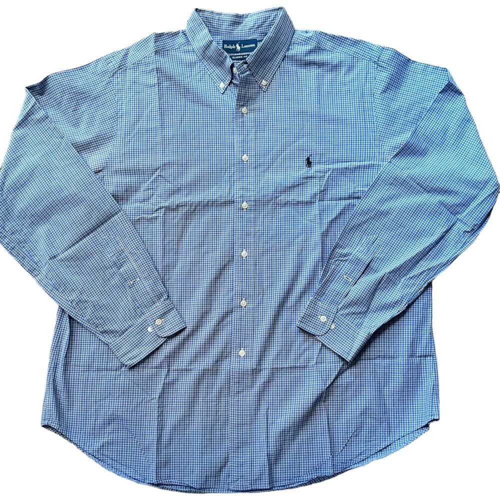 Vintage Polo Ralph Lauren Blue Plaid Poplin Classic Fit Button Down Shirt XXL
